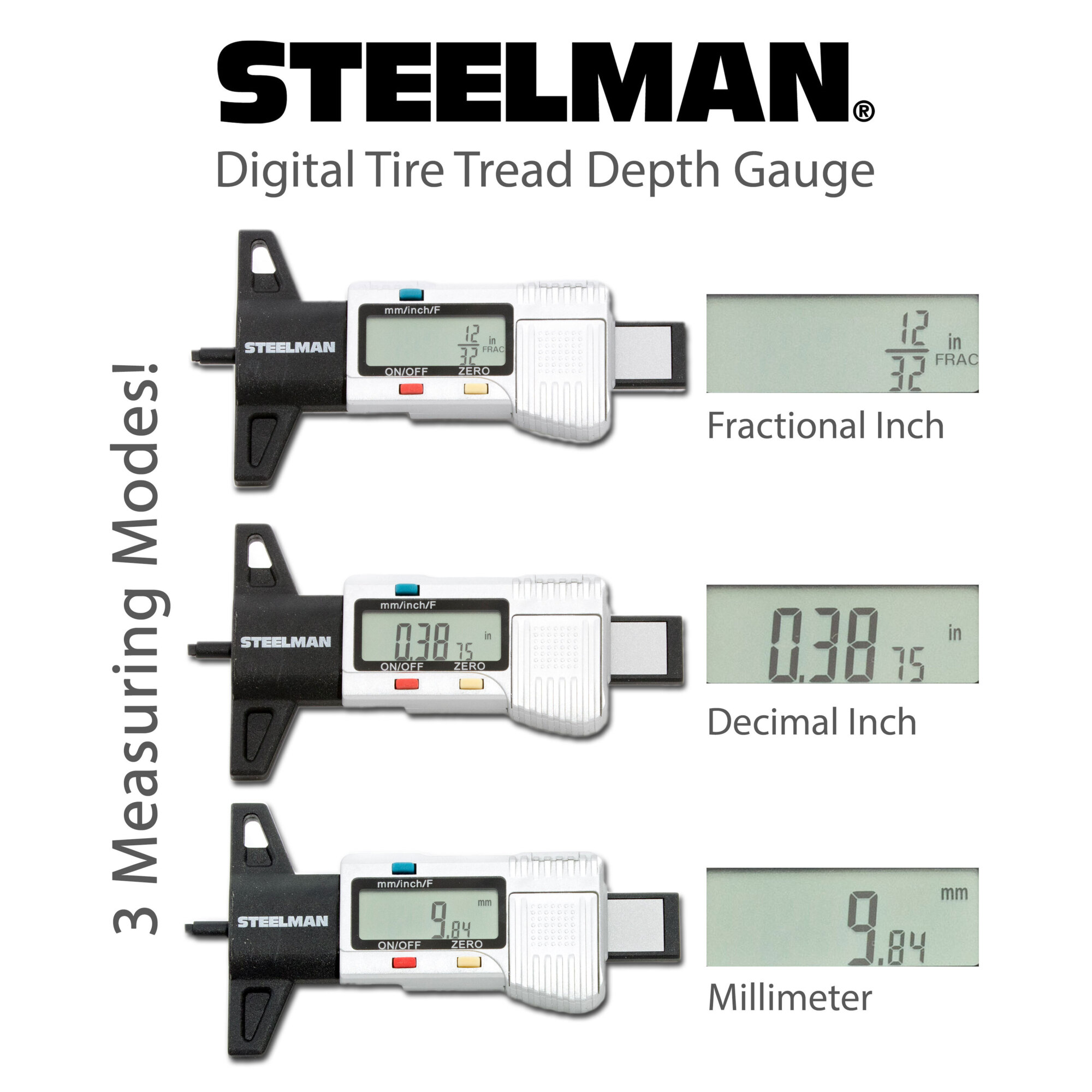 STEELMAN Digital Tire Tread Depth Gauge, 3 Modes - Fractional Inch, Decimal Inch, and Millimeter, 0-1 Inch, Model# 60664